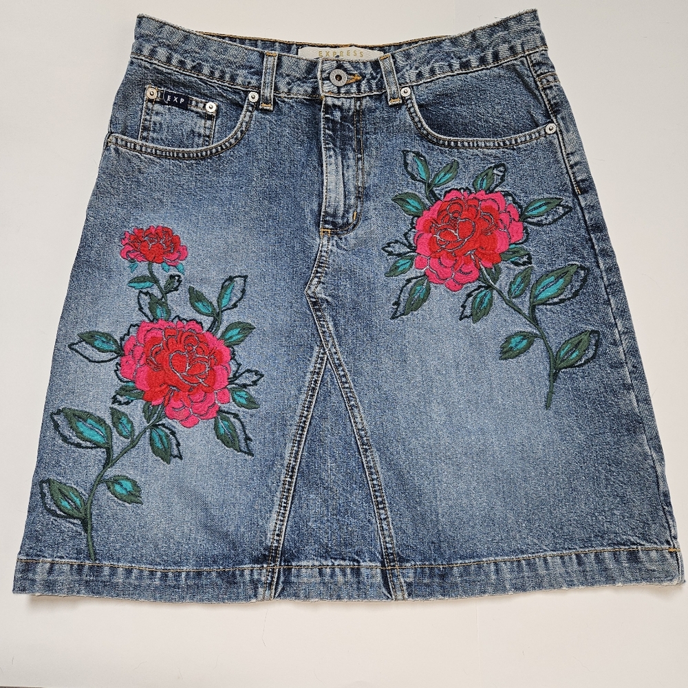 Embroidered Denim Skirt Floral Midi Boho
